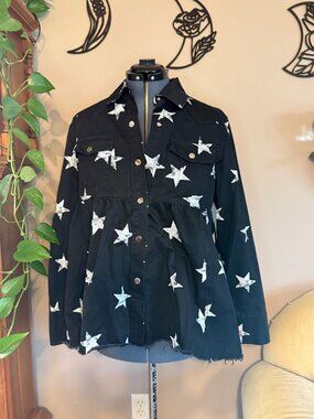 Black Star Print Button-Up Shirt Jacket
